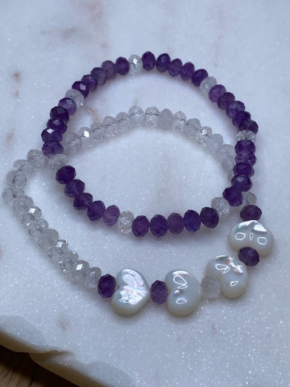 ✨ Elegant Faceted Amethyst & Natural Mother of Pearl Heart Bracelet Set ✨